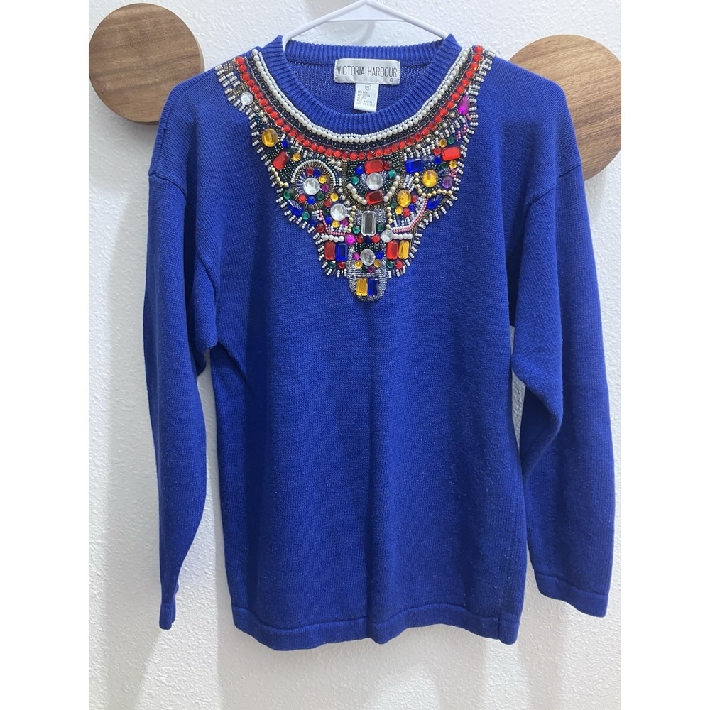 Vintage Victoria Harbour 80s Jeweled Beaded Embellished Blue Sweater Size M